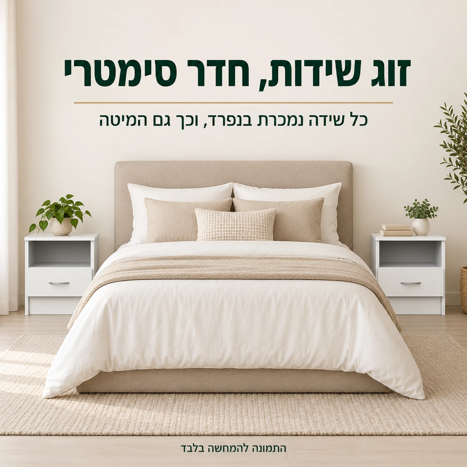 זוג שידות לילה לבנות משני צדי מיטה זוגית לחדר שינה מסודר