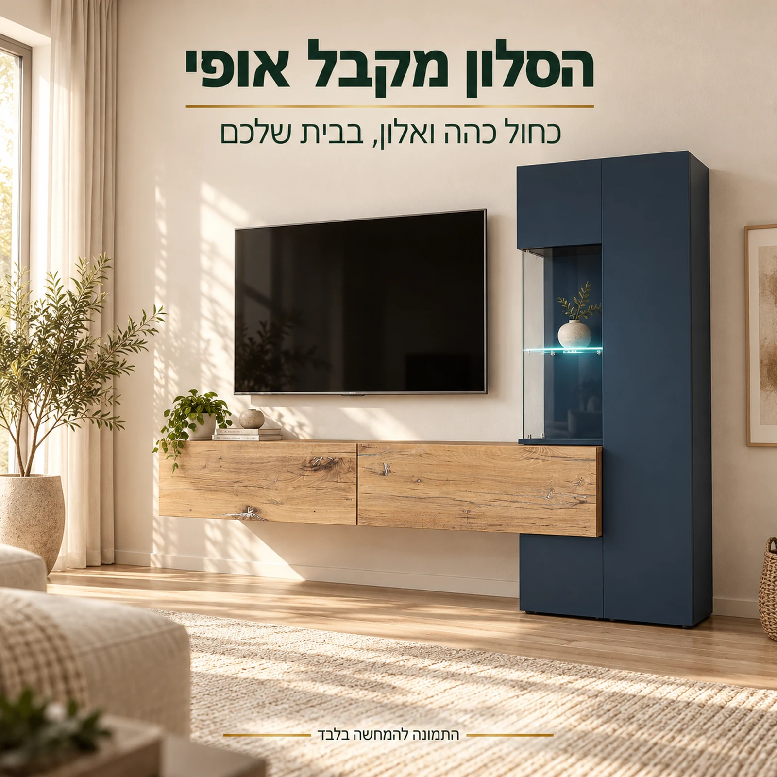יחידת קיר Marino בכחול כהה ואלון בסלון ביתי
