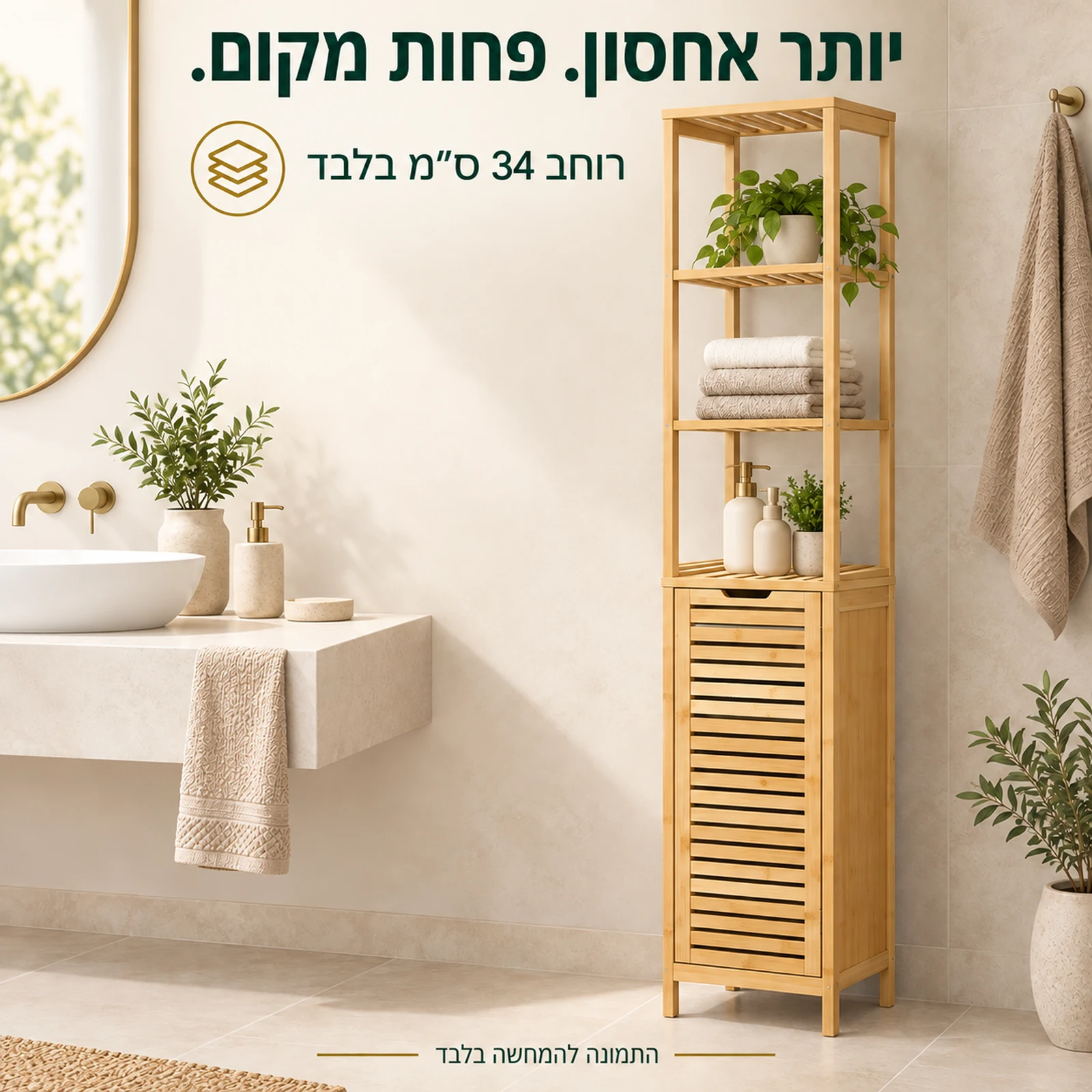 ארון אמבטיה מבמבוק ברוחב 34 ס״מ בחדר אמבטיה קטן