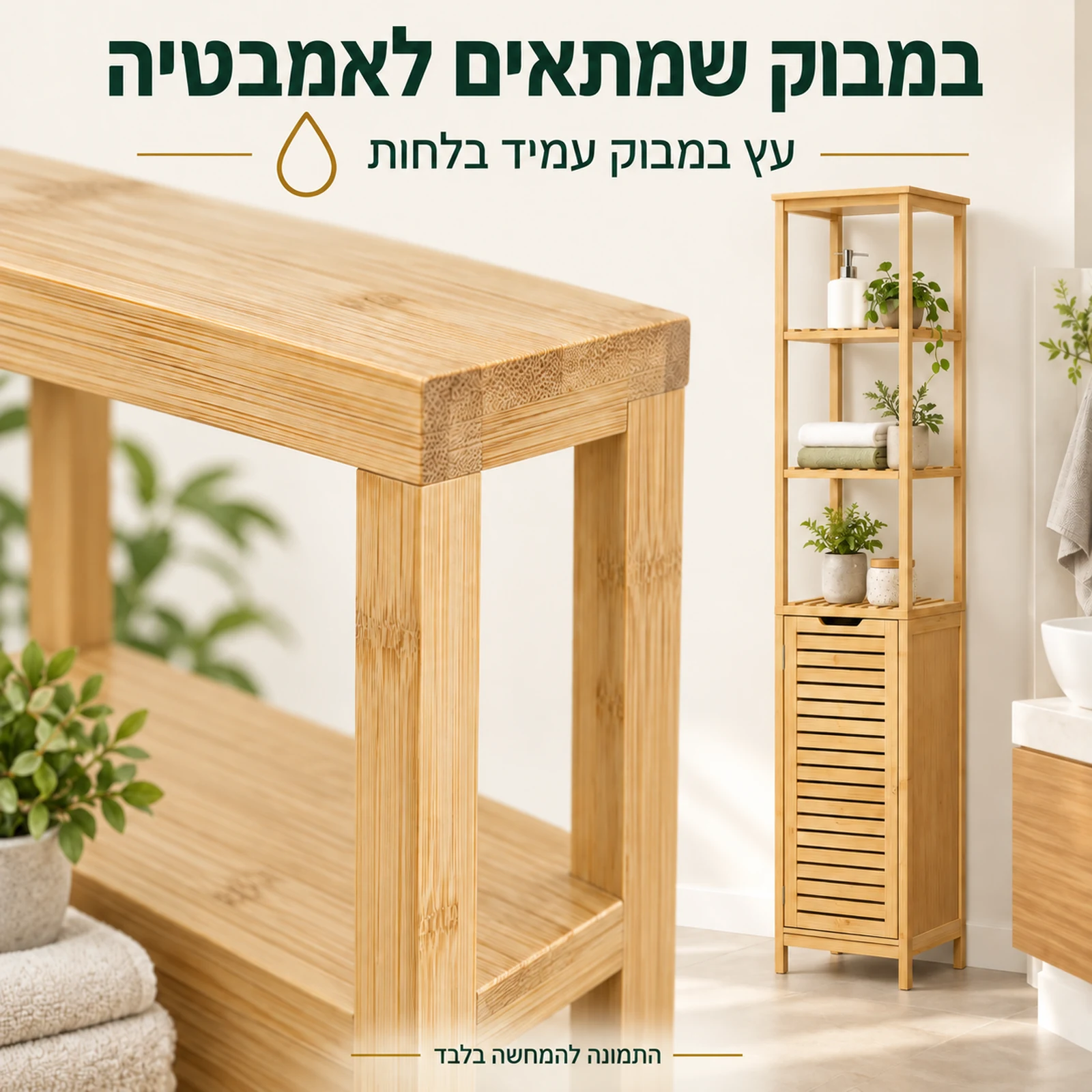 ארון אמבטיה מעץ במבוק עמיד בלחות עם תקריב החומר