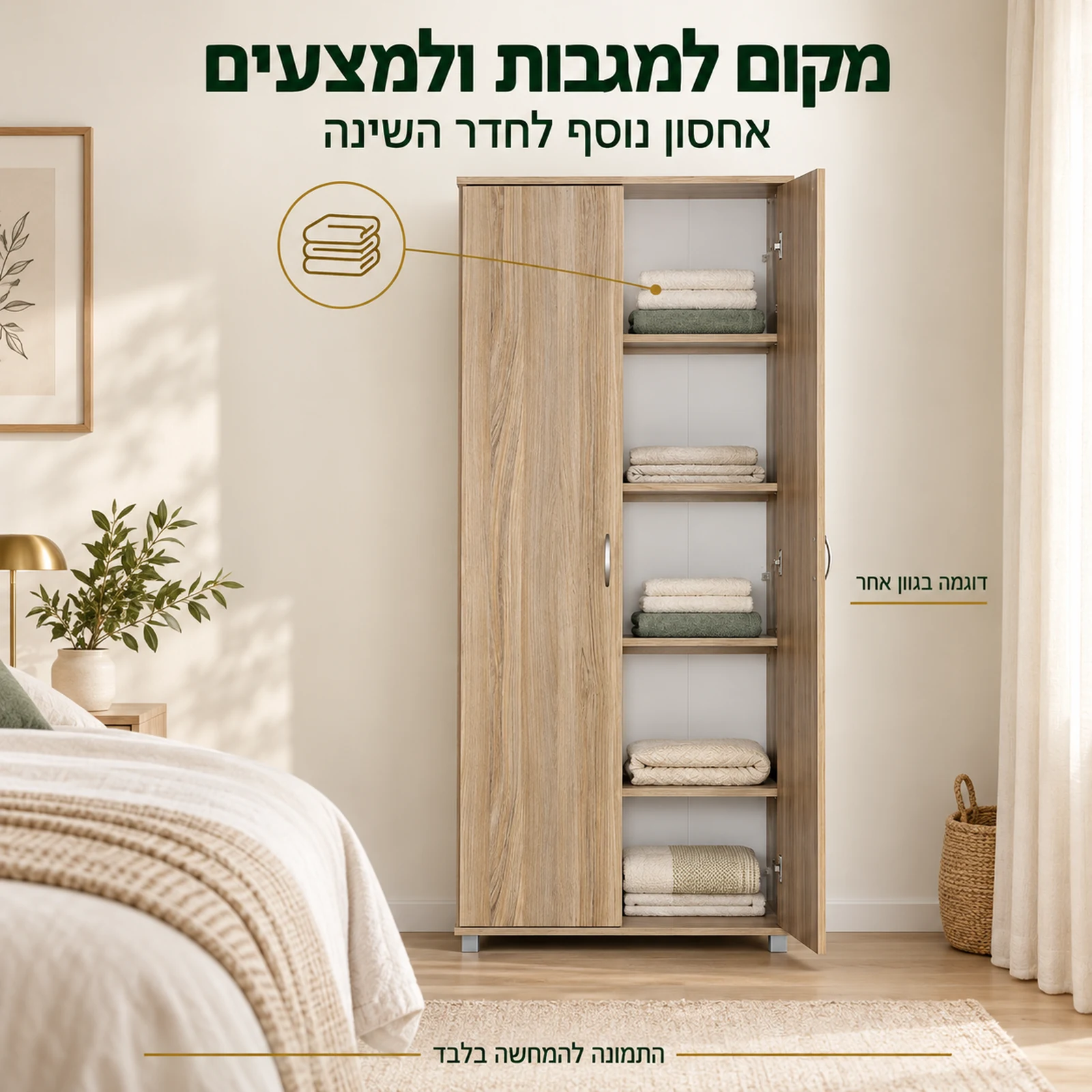 ארון מדפים למגבות ולמצעים בחדר השינה – דוגמה בגוון אחר
