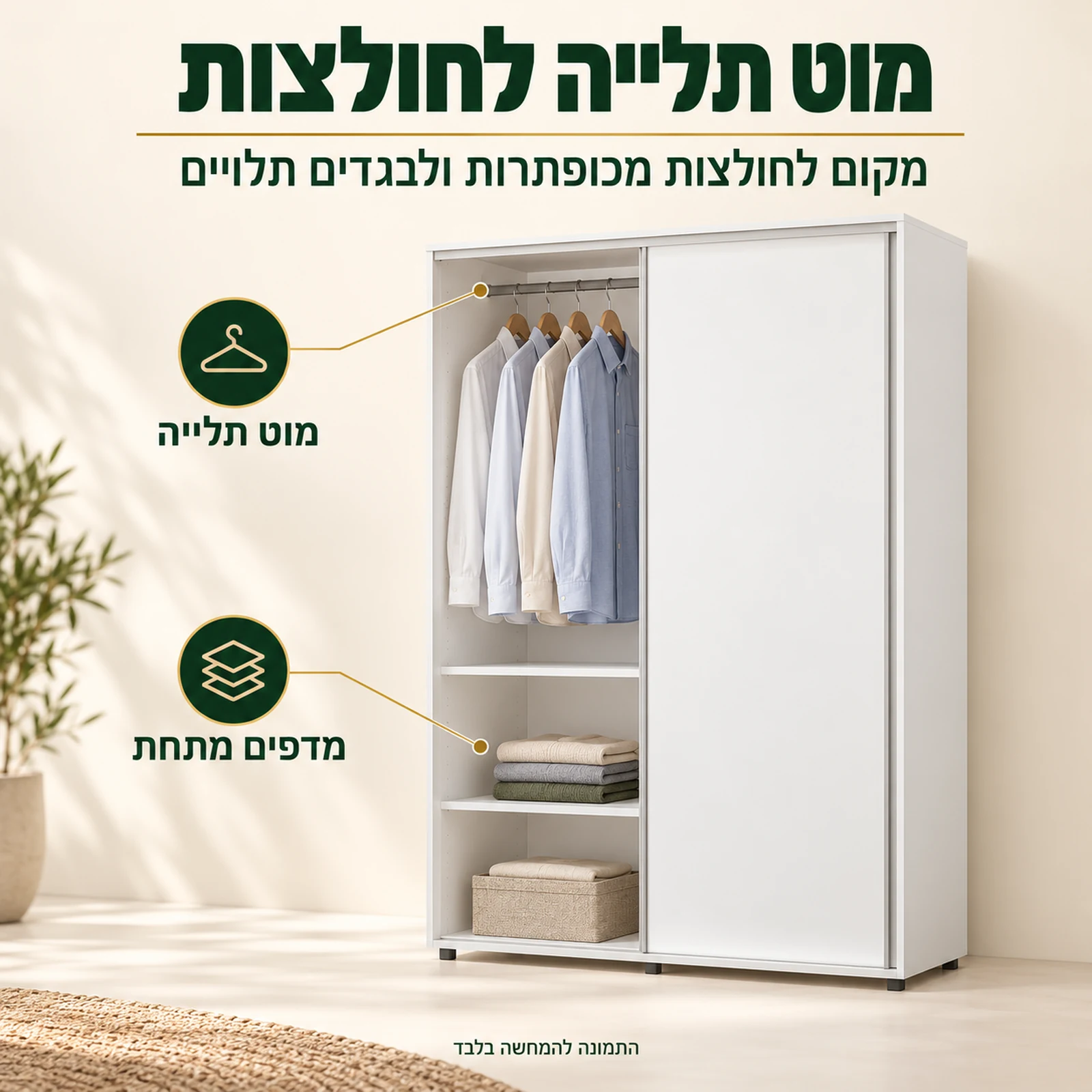 ארון הזזה 2 דלתות – צד תלייה עם מוט לחולצות מכופתרות
