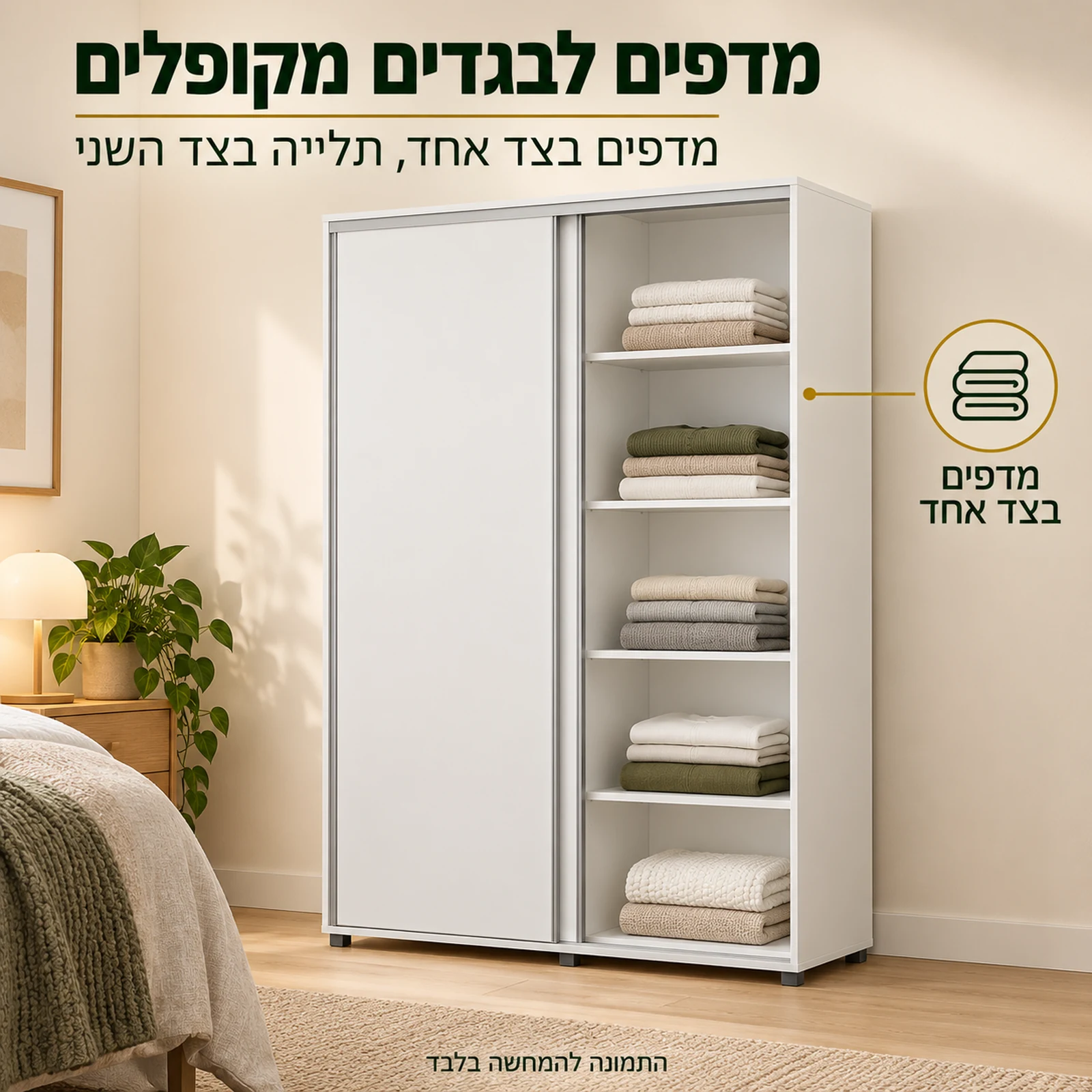 ארון הזזה 2 דלתות – מדפים לבגדים מקופלים בצד אחד ותלייה בצד השני