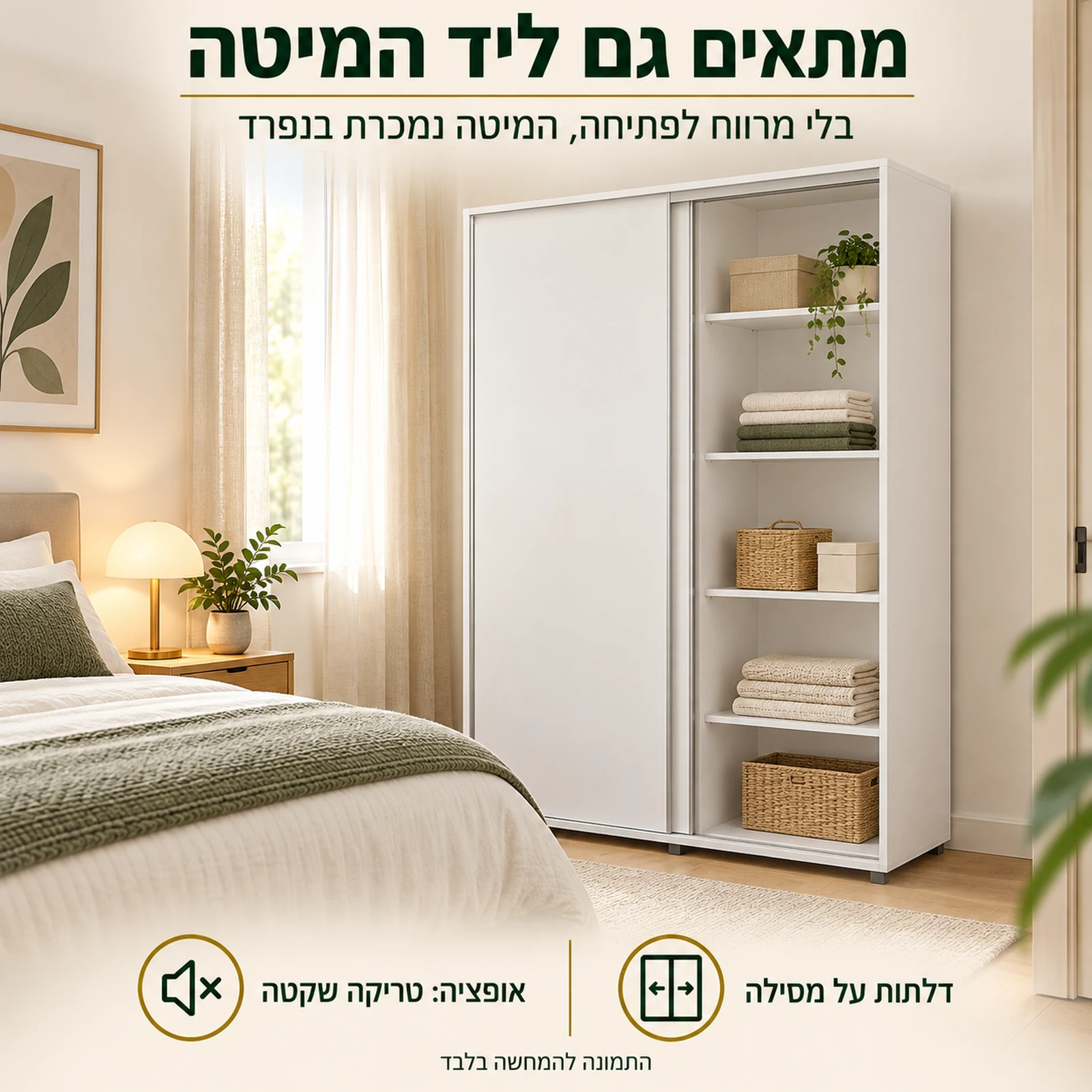 ארון הזזה 2 דלתות – נפתח גם כשהמיטה קרובה לארון