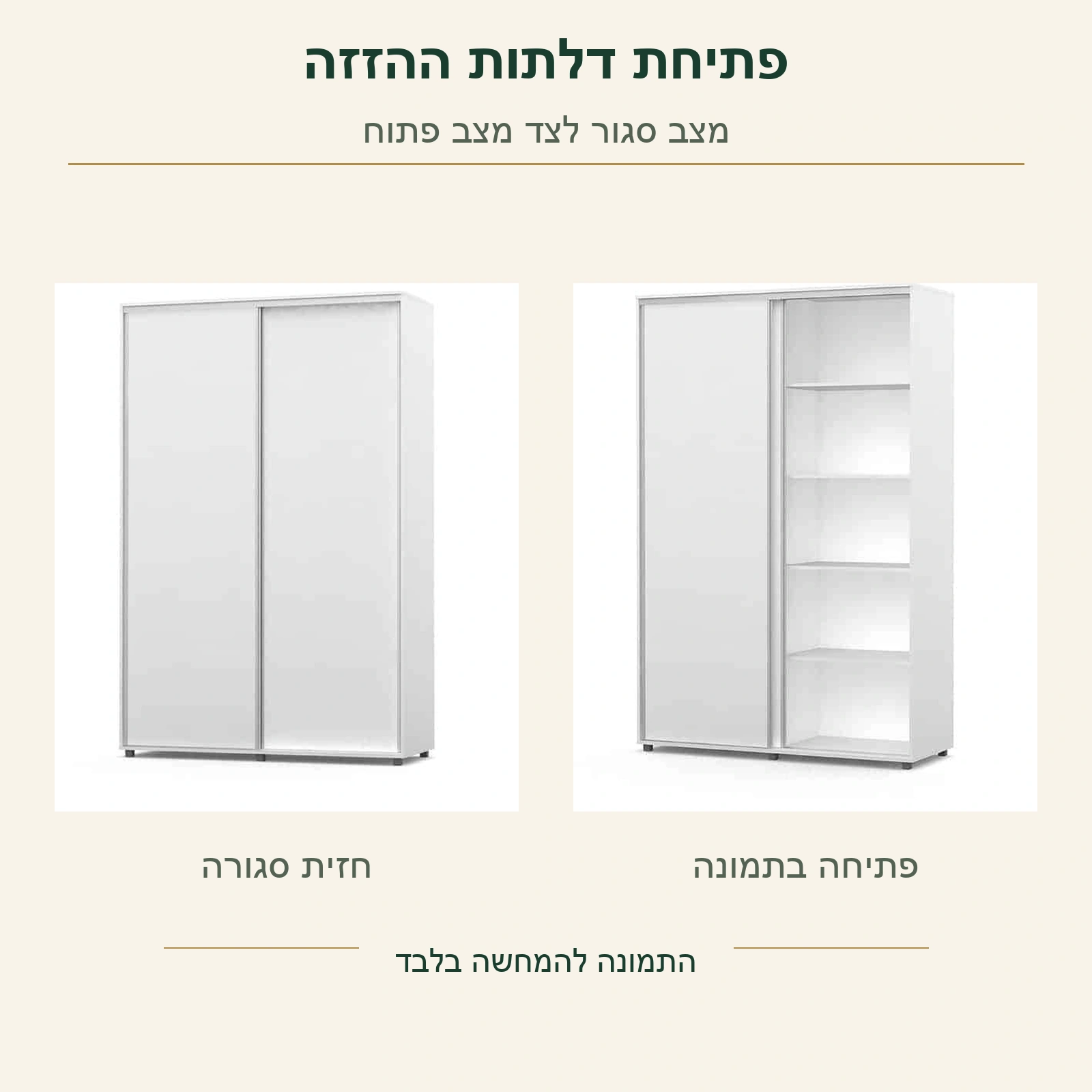 ארון הזזה לבן – חזית סגורה לצד מצב פתוח המוצג בתמונת המוצר המקורית