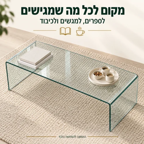 משטח שולחן סלון זכוכית עם ספרים, מגש וכיבוד במבט מלמעלה