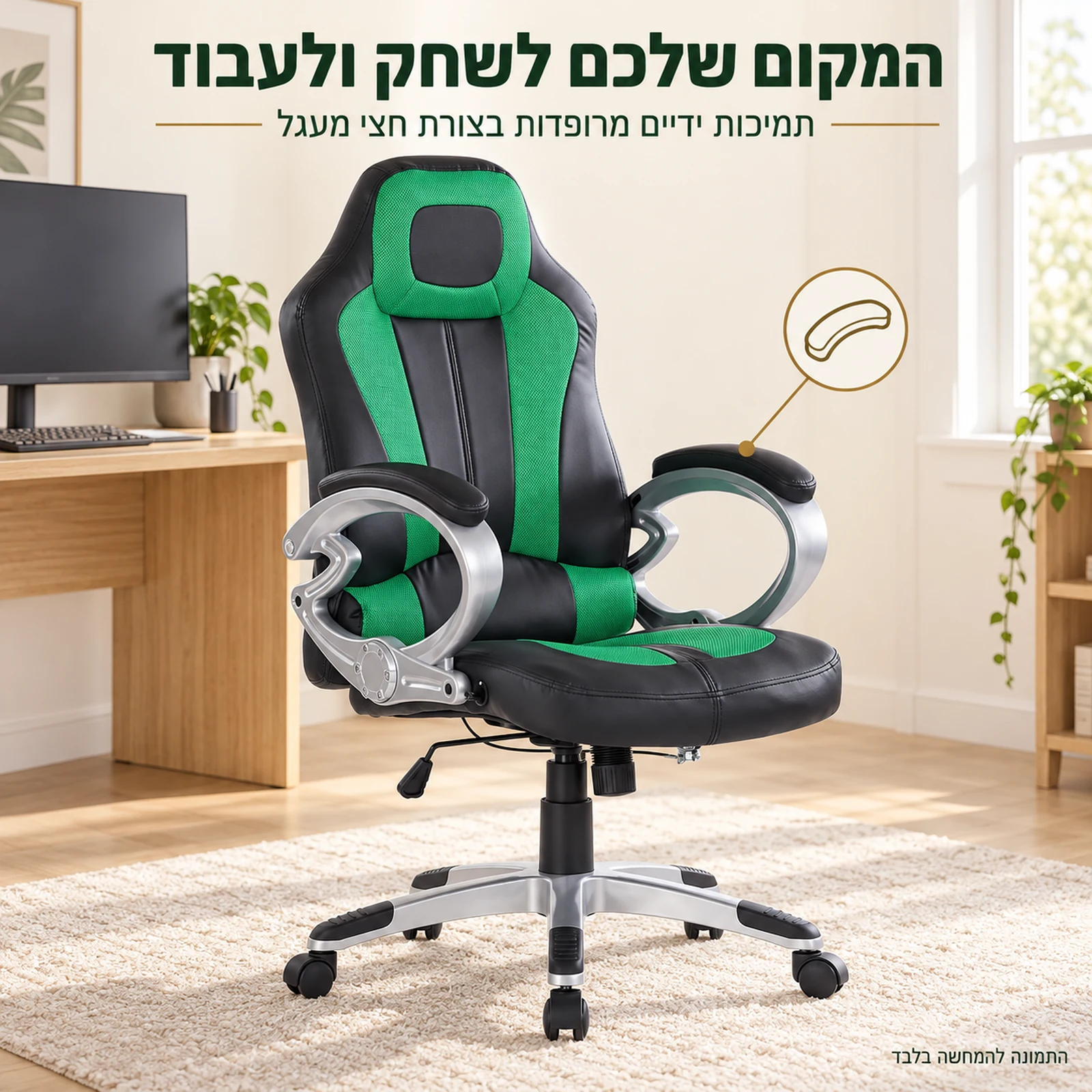 כיסא גיימינג סמוראי בחדר עבודה ביתי עם תמיכות ידיים מרופדות בצורת חצי מעגל