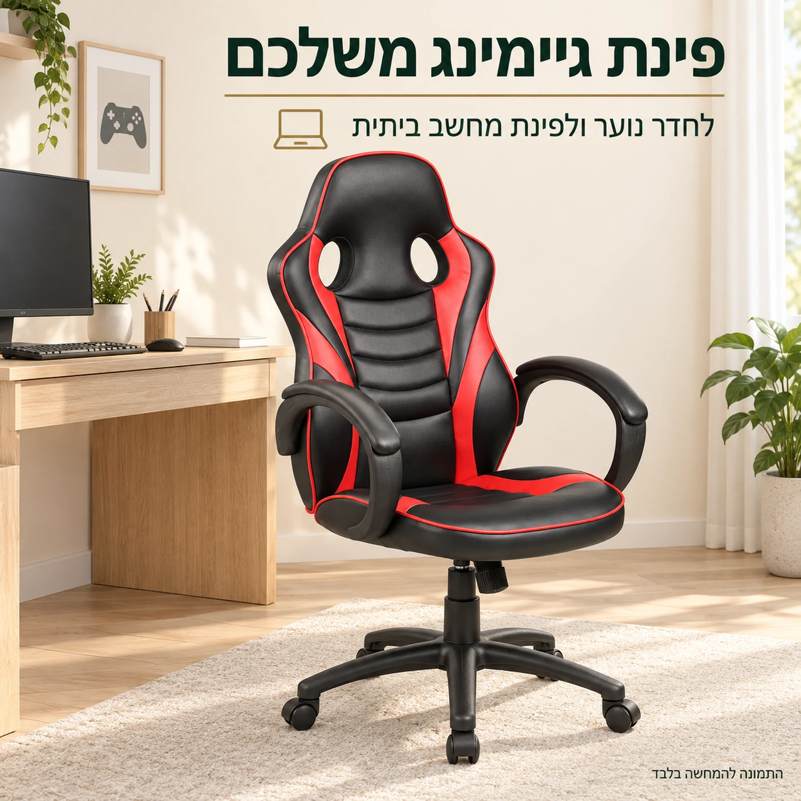 כיסא גיימינג לוקה בשחור-אדום בפינת מחשב ביתית