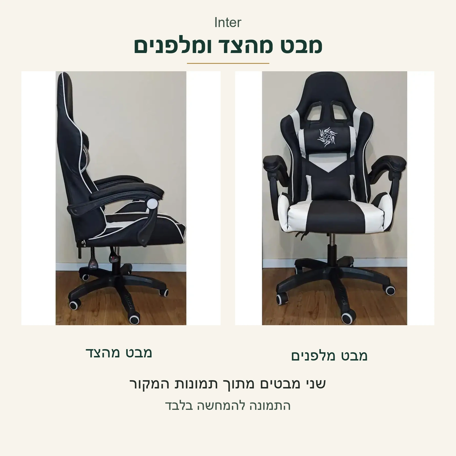 Inter — צורת המושב והמשענת בשני תצלומים אמיתיים, מהצד ומלפנים
