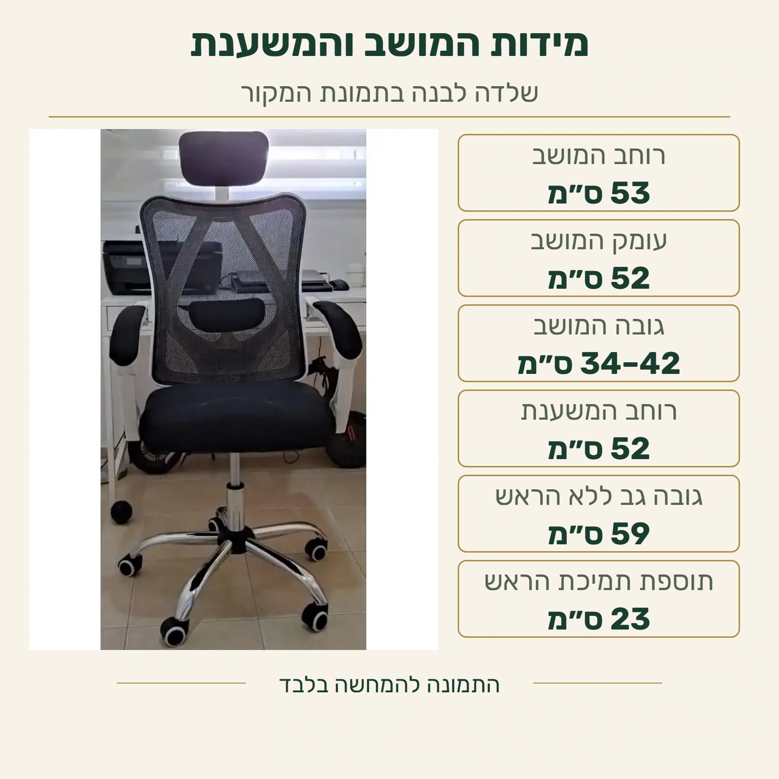 כיסא Ergo – מידות רכיבים: מושב ברוחב 53 ובעומק 52 ס״מ, גובה מושב 34–42 ס״מ; משענת ברוחב 52 ובגובה 59 ס״מ ללא הראש, ותוספת תמיכת הראש 23 ס״מ; על צילום מקורי של השלדה הלבנה