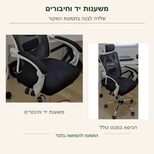 כיסא Ergo – משענות היד, החיבורים והרכיבים הגלויים מתחת למושב בצילום מקורי של השלדה הלבנה, לצד הכיסא המלא