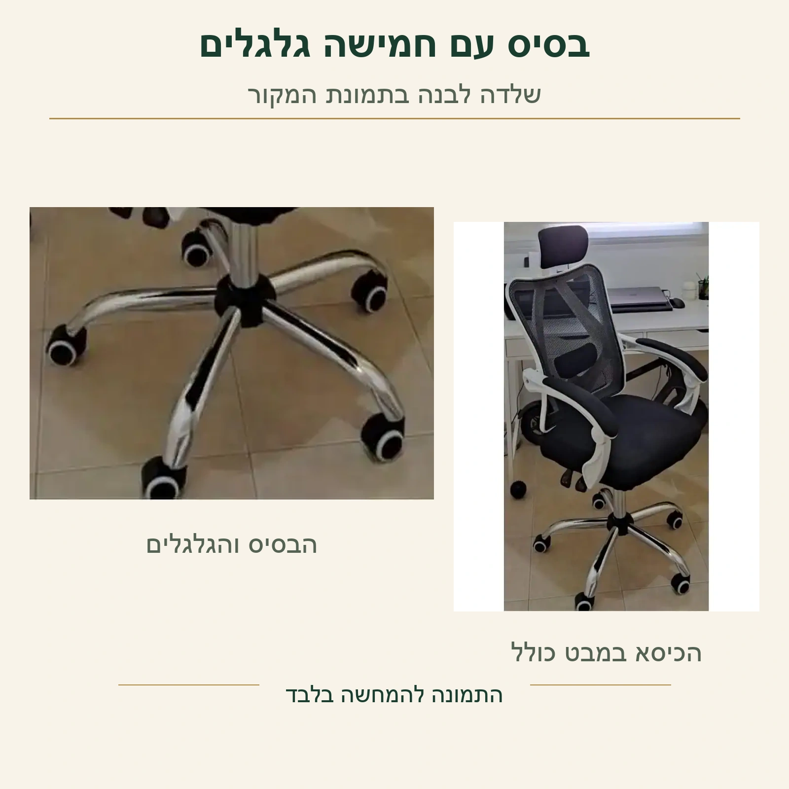 כיסא Ergo – בסיס המתכת המעוגל עם חמשת הגלגלים בצילום מקורי של השלדה הלבנה, לצד הכיסא המלא