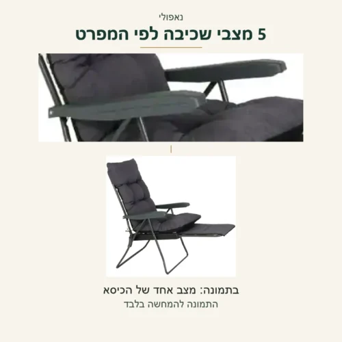 כיסא נוח נאפולי — פרטי הידיות ומבט על אותו כיסא; לפי המפרט חמישה מצבי שכיבה, בתמונה מצב אחד