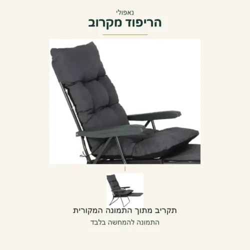 כיסא נוח נאפולי — תקריב אמיתי של הריפוד האפור לצד אותו כיסא שלם; הצבע והצורה נשמרו מתמונת המקור