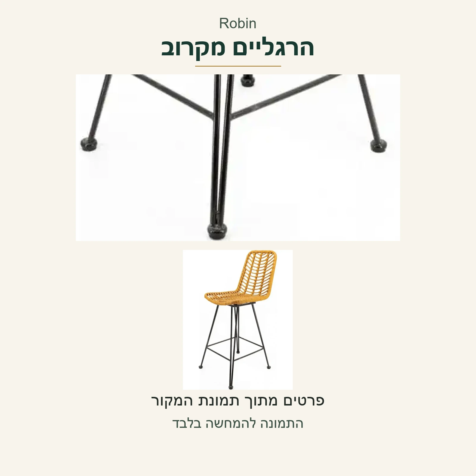 Robin — תקריב אמיתי של הרגליים והקצוות לצד הכיסא השלם, ללא טענה על הגנה לרצפה