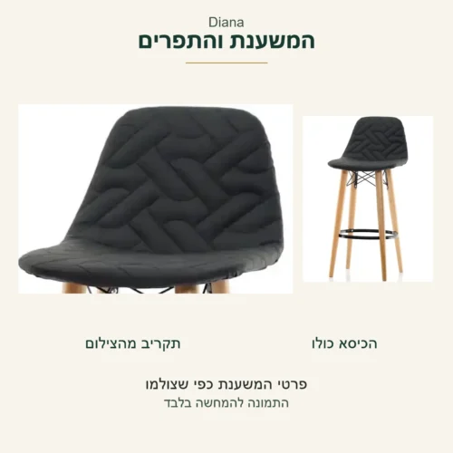 Diana — צורת המשענת השחורה והדוגמה בתקריב לצד אותו כיסא שלם בתצלום המקורי