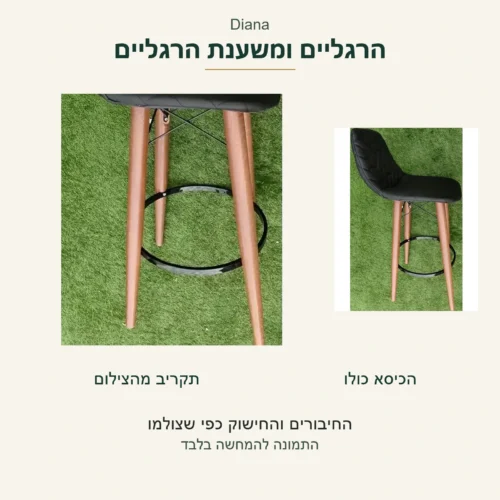 Diana — הרגליים, החיבורים וחישוק משענת הרגליים בתקריב לצד אותו כיסא שלם; ללא הבטחת עומס או הגנה על הרצפה