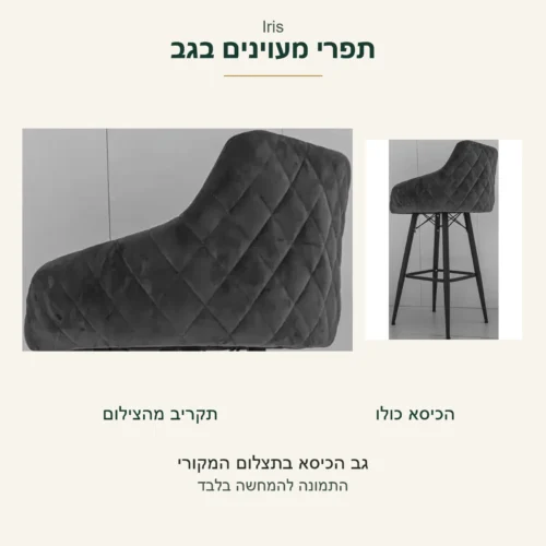 Iris — תקריב תפרי המעוינים בגב לצד אותו כיסא שלם בצילום המקורי
