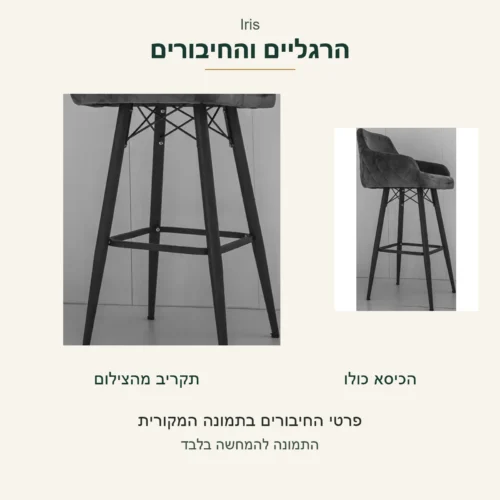 Iris — תקריב הרגליים והחיבורים העליונים לצד אותו כיסא שלם, ללא הבטחת עומס או הגנה על הרצפה