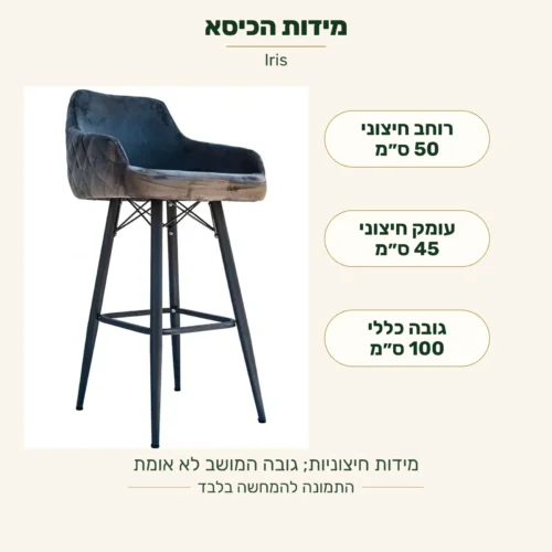 Iris — מידות חיצוניות: רוחב 50 ס״מ, עומק 45 ס״מ, גובה כללי 100 ס״מ; גובה המושב לא אומת