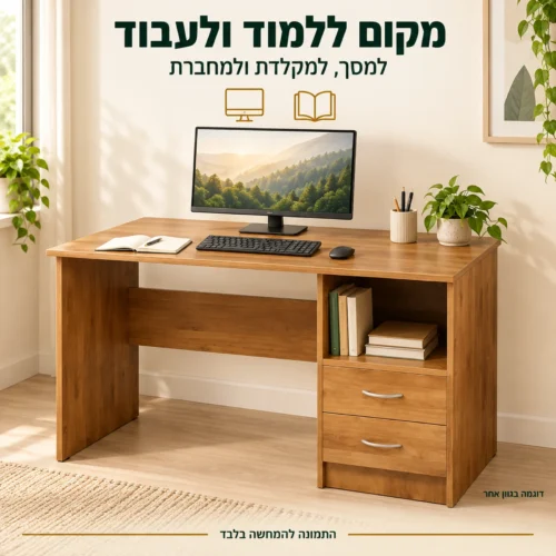 שולחן כתיבה עם שתי מגירות ונישה פתוחה – משטח למסך, למקלדת ולמחברת