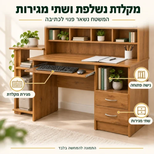 שולחן מחשב עם ספרייה דגם 231 – מגירת מקלדת נשלפת ושתי מגירות