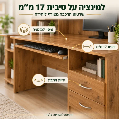 שולחן מחשב עם ספרייה דגם 231 – למינציה על לוח סיבית בעובי 17 מ״מ