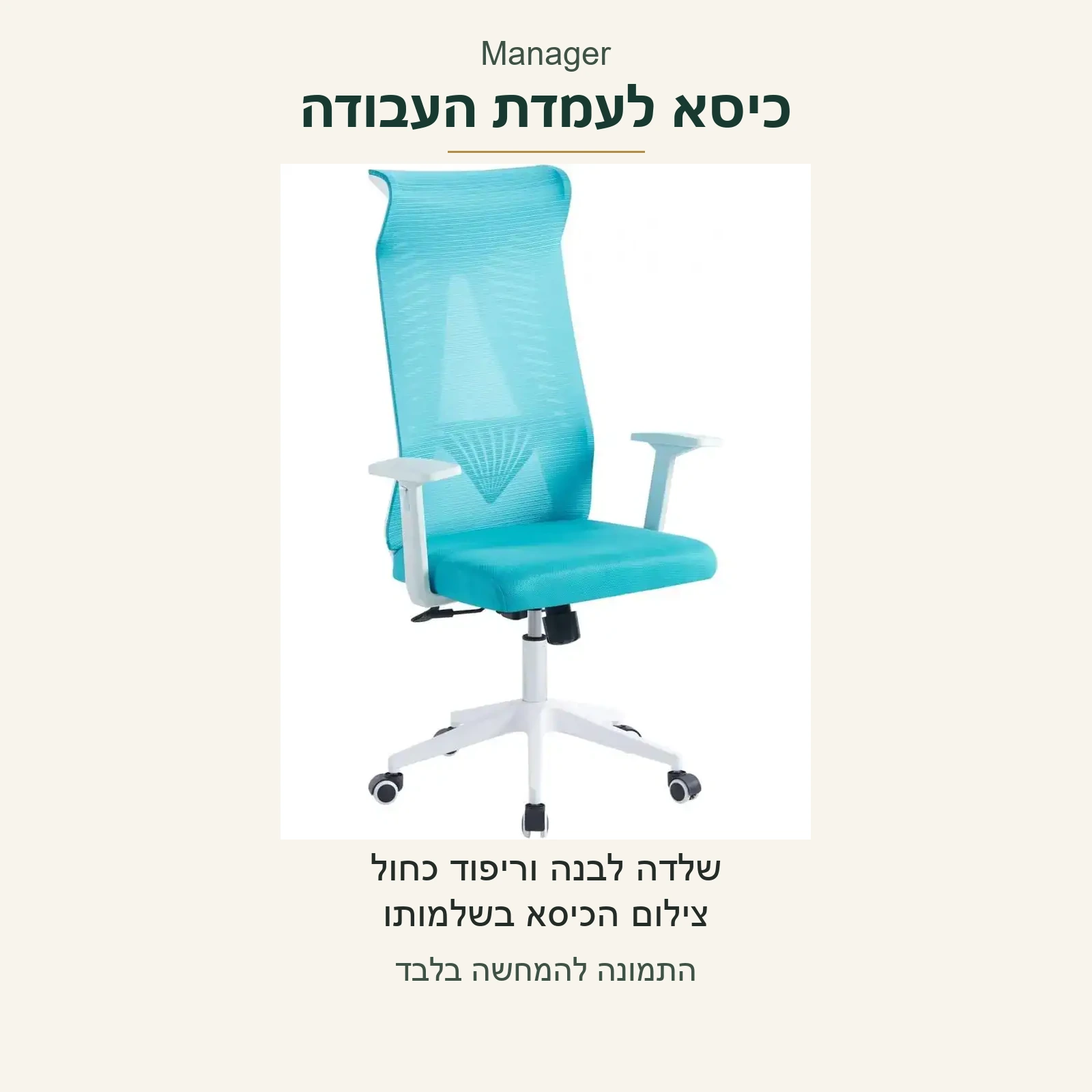 Manager — צילום המקור של הכיסא הכחול בשלמותו, עם שלדה לבנה ורשת במושב ובמשענת