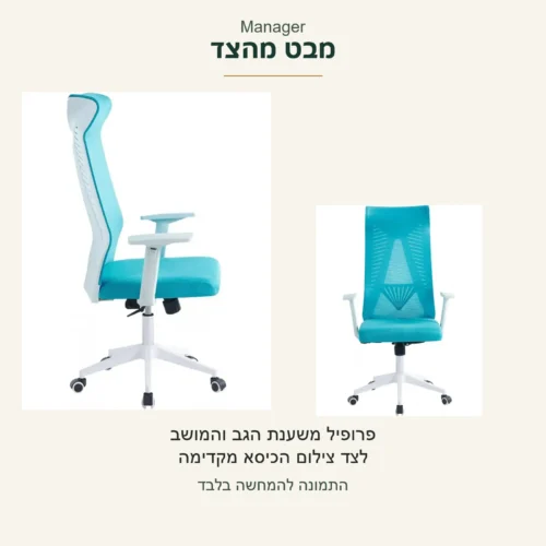 Manager — פרופיל אמיתי של הכיסא הכחול לצד צילום מקדימה; צורת הגב והמושב כפי שהם בצילומי המקור