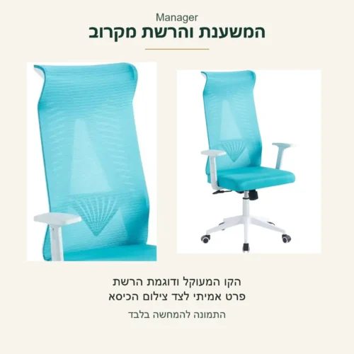 Manager — פרט מקורי של הקו המעוקל ודוגמת הרשת במשענת הכחולה, לצד צילום הכיסא בשלמותו
