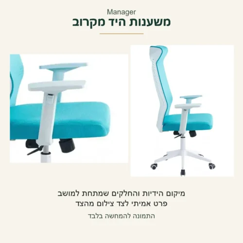 Manager — צילום פרט אמיתי של משענות היד, העמודים והחלקים שמתחת למושב, לצד צילום הכיסא הכחול מהצד