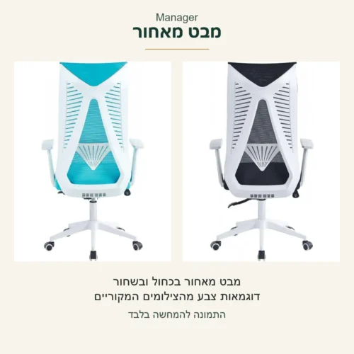 Manager — שני צילומי מקור נפרדים של הכיסא מאחור, בכחול ובשחור, עם השלדה הלבנה; דוגמאות צבע מהמקור