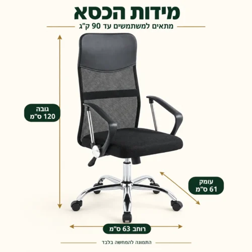 מידות כסא מחשב רשת Waltz: רוחב 63 ס״מ, עומק 61 ס״מ, גובה 120 ס״מ