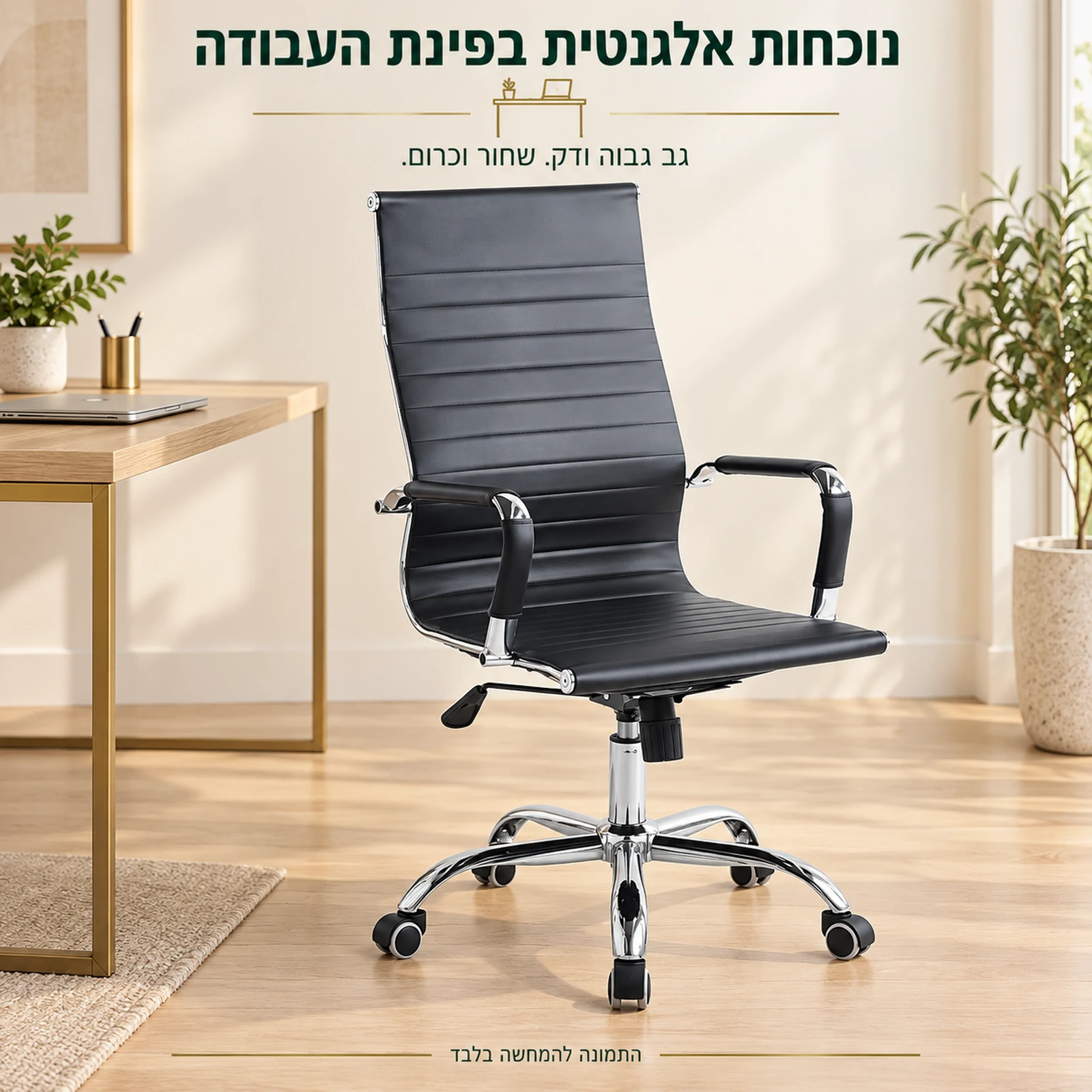 כיסא משרד Pasodoble 2 שחור עם גב גבוה ודק ושלד כרום בפינת עבודה