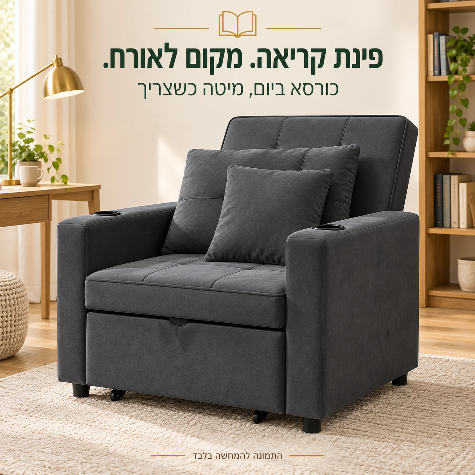 כורסא מיטה Livorno בגוון כהה – פינת קריאה בחדר עבודה ביתי