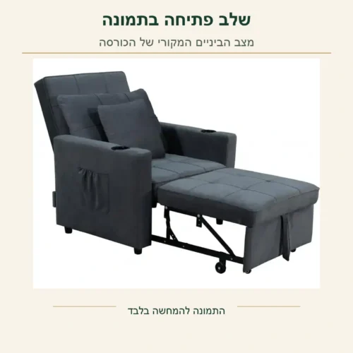 כורסה מיטה – הדגם האפור במצב פתיחה ביניים בתמונה המקורית, עם המבנה הנראה בה