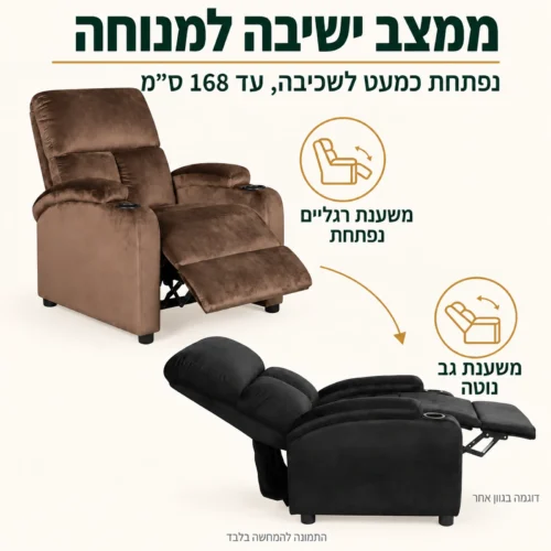 כורסא טלוויזיה Homeyak 2 במצב ישיבה ובמצב פתוח כמעט לשכיבה באורך 168 ס״מ