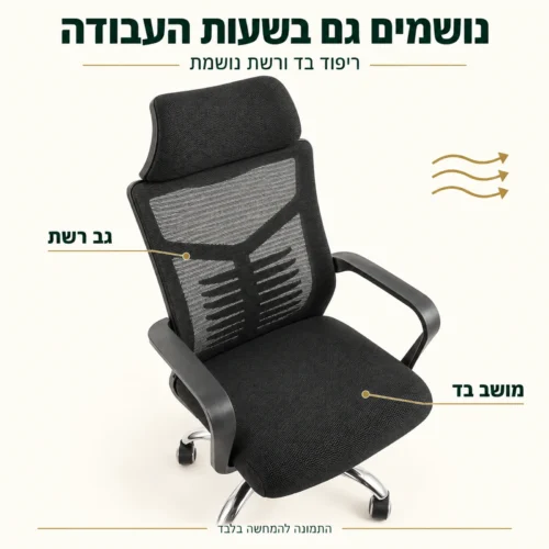 כיסא משרד Ferrero 2 עם גב רשת נושמת ומושב בד שחור