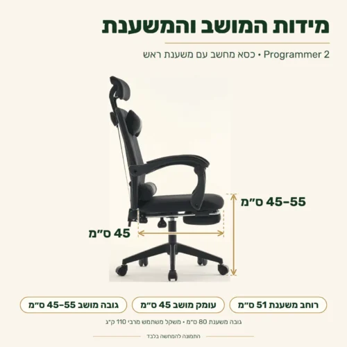 כסא מחשב עם משענת ראש Programmer 2 – מידות: עומק מושב 45 ס״מ, גובה מושב מתכוונן 45–55 ס״מ, רוחב משענת 51 ס״מ, גובה משענת 80 ס״מ