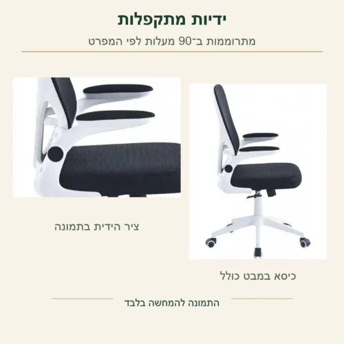 כיסא עבודה – אזור ציר הידית המקורי לצד הכיסא המלא; הידיות מתרוממות ב־90 מעלות לפי המפרט