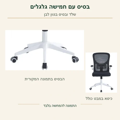 כיסא עבודה – הבסיס הלבן עם חמישה גלגלים לפי המפרט, לצד הכיסא המלא