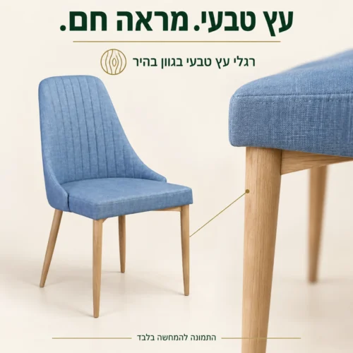 כיסא כחול עם רגלי עץ טבעי בגוון בהיר ותקריב של הרגל