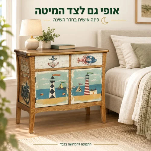 שידת וינטג׳ 567 לצד המיטה בחדר השינה
