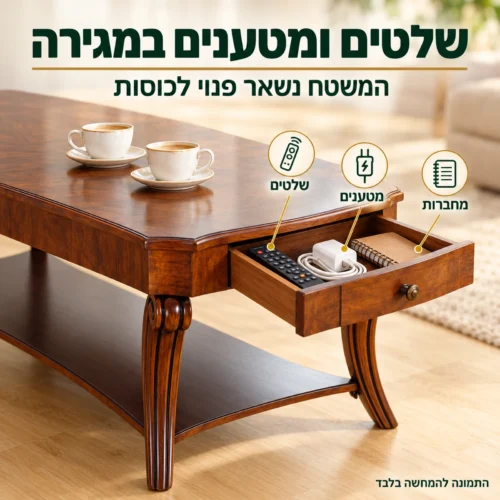 שולחן קפה קלאסי מעץ מלא – מגירה לשלטים, למטענים ולמחברות