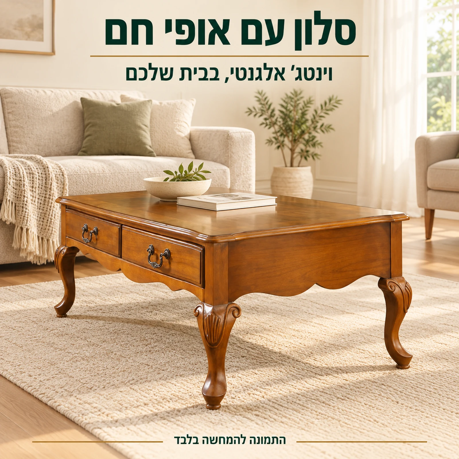 שולחן קפה מעץ מלא עם מגירות בחדר מגורים בהיר
