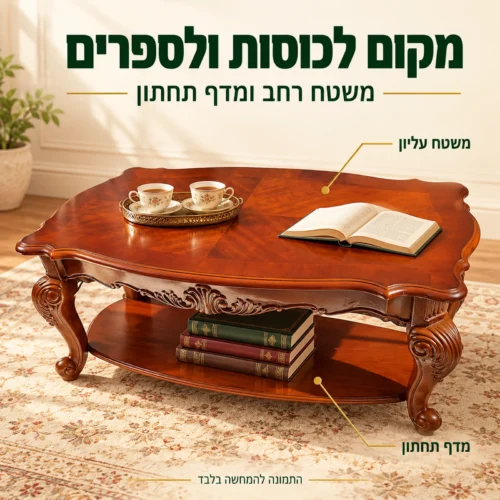 שולחן קפה מעץ HSC1605 – משטח רחב לכוסות ומדף תחתון לספרים