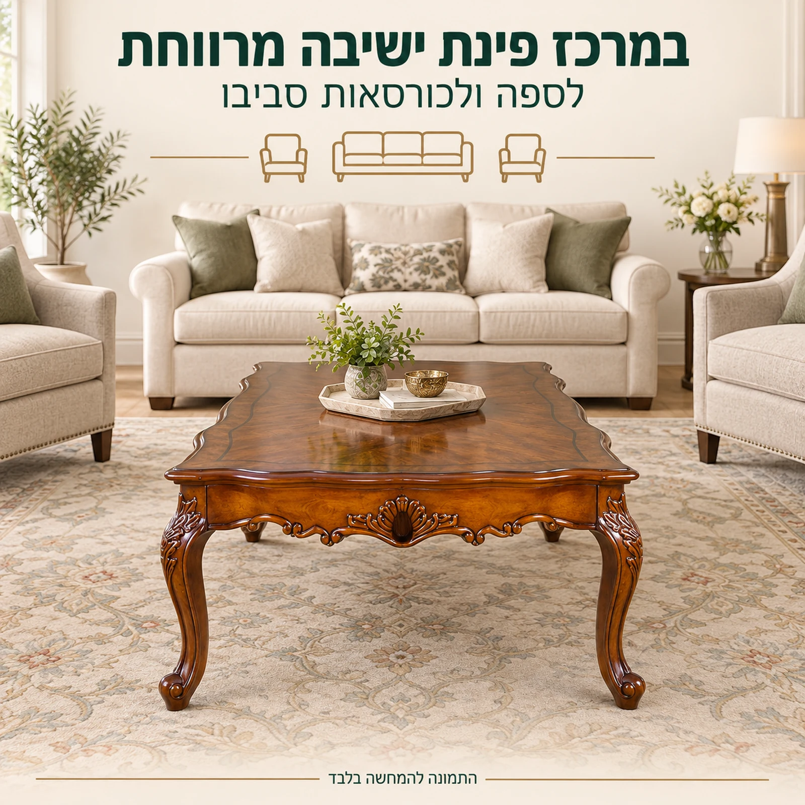 שולחן קפה במרכז פינת ישיבה מרווחת עם ספה וכורסאות