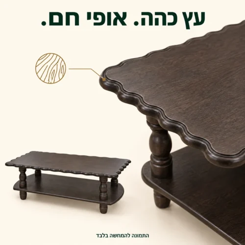 שולחן קפה כפרי – תקריב העץ הכהה והקצוות