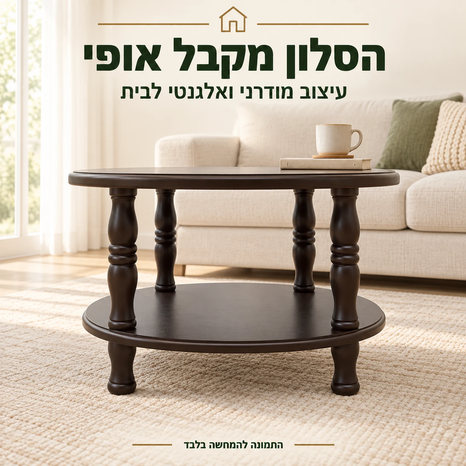 שולחן קפה מעץ כהה עם שני מדפים עגולים בסלון עם ספה בהירה