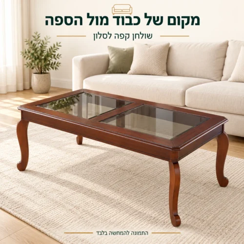 שולחן קפה מעץ וזכוכית מול ספה בסלון